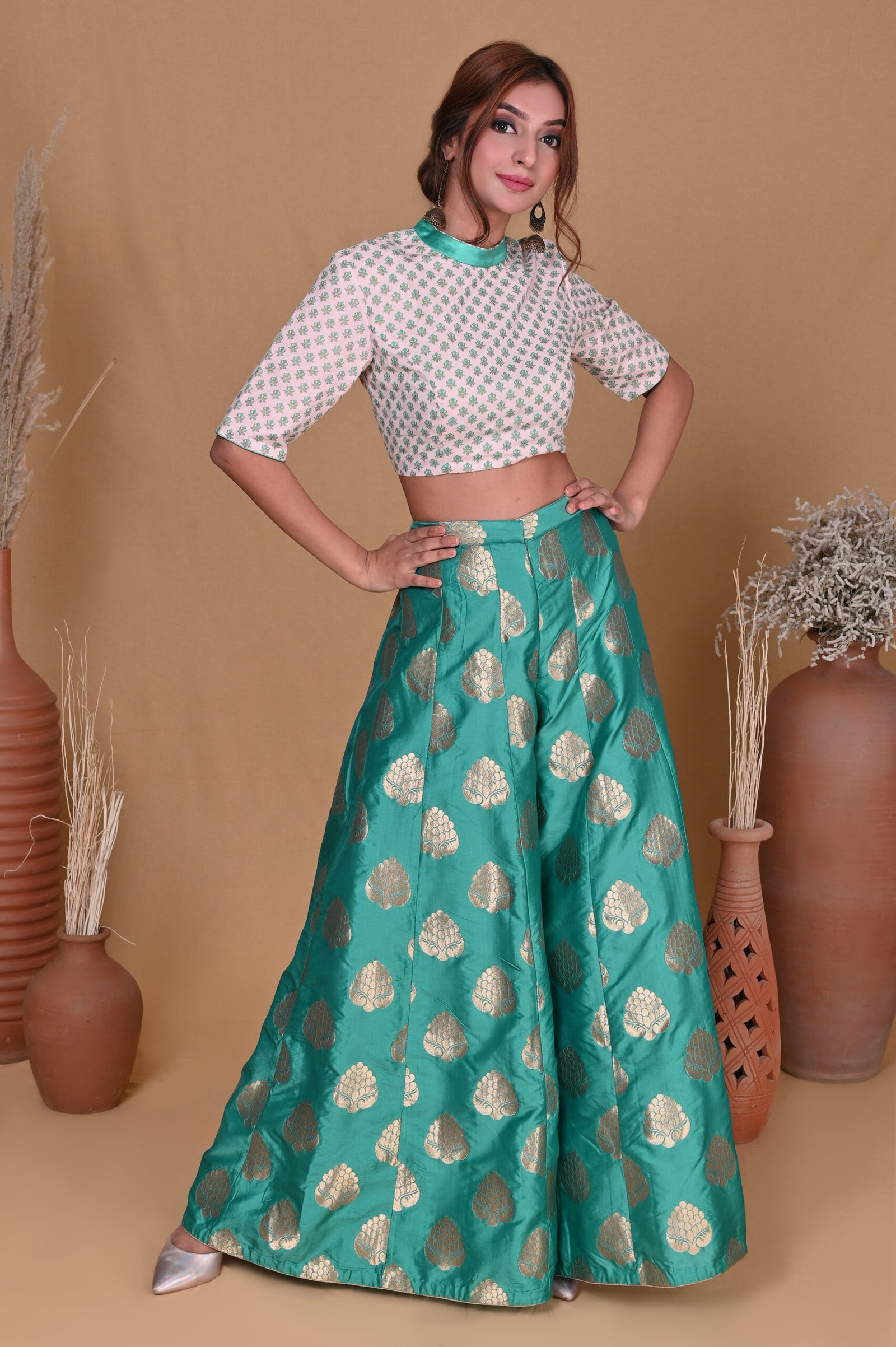 Prakrin Catlouge 02538_1 Brocade Green Sharara with Golden Motifs - Image 1
