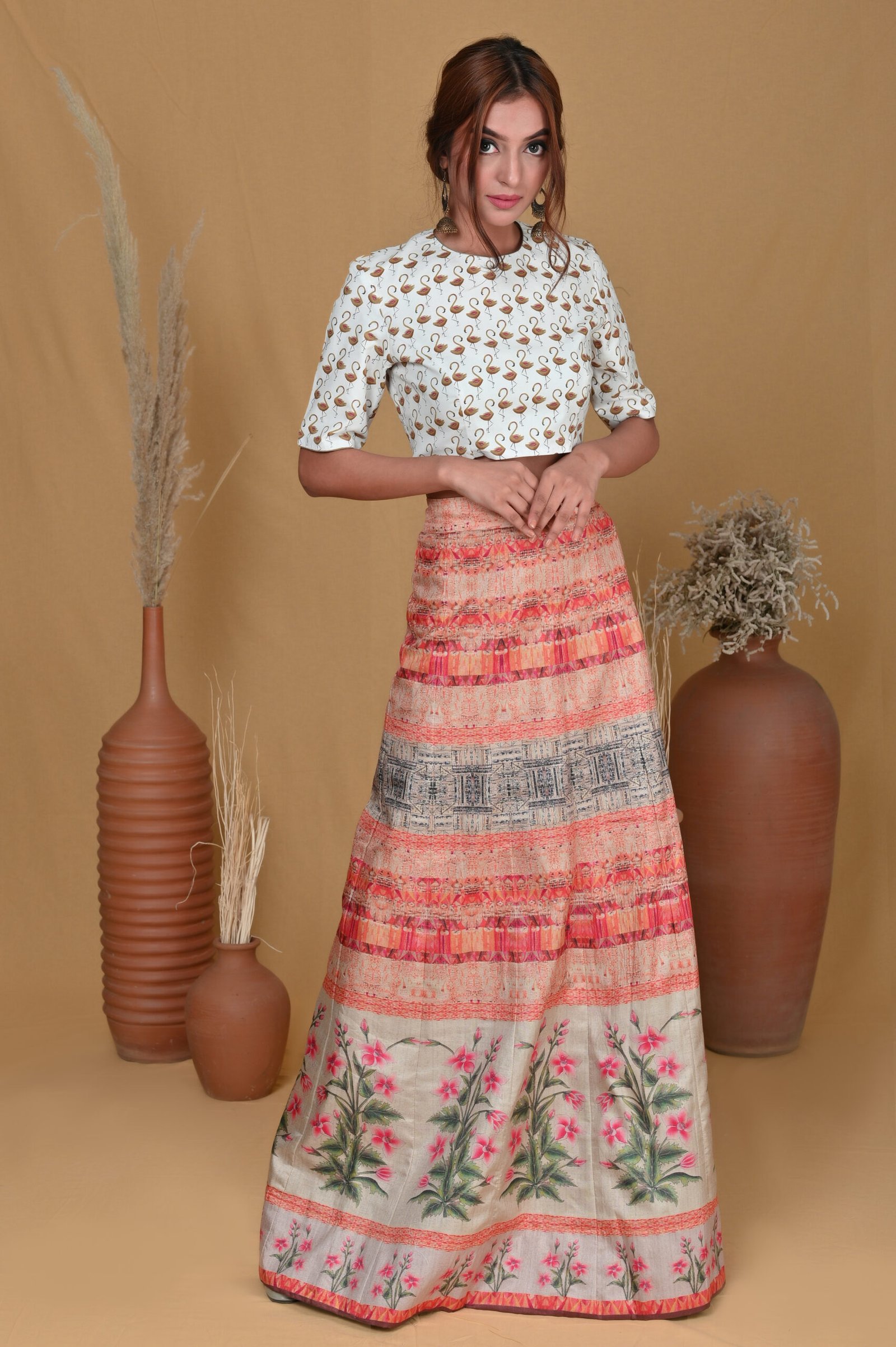 Prakrin Catlouge 02569_1 Cream Floral Embroidered Skirt - Image 1